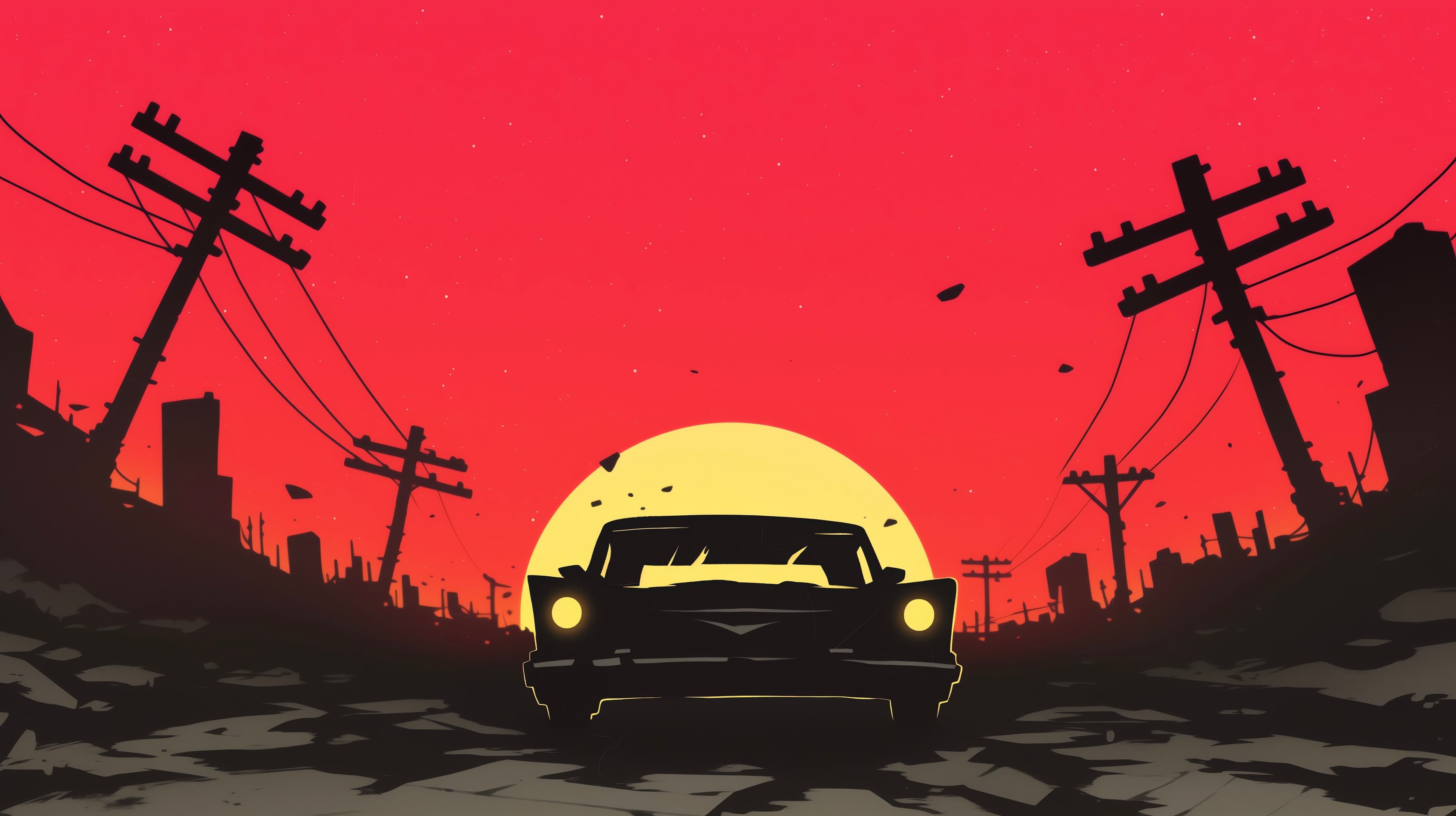 Car Against Destroyed City