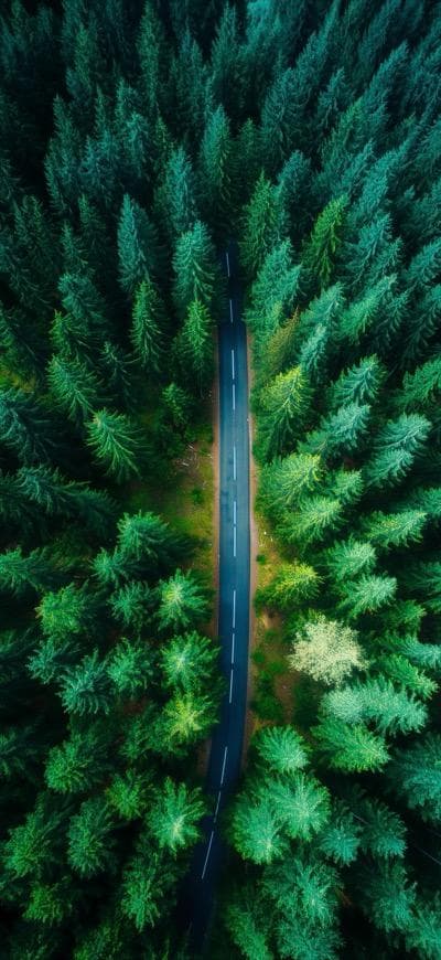 Aerial View Of Road Through Dense Forest