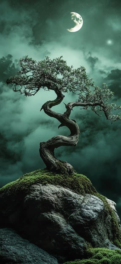 Lone Tree In Cosmic Green Night