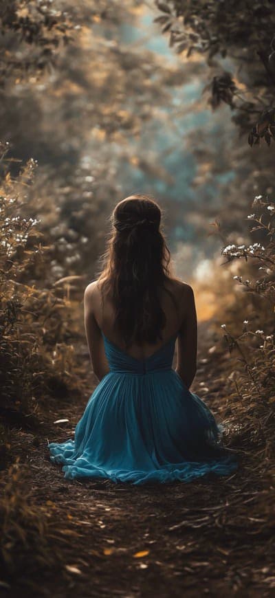 Girl In A Blue Dress Sitting On The Ground