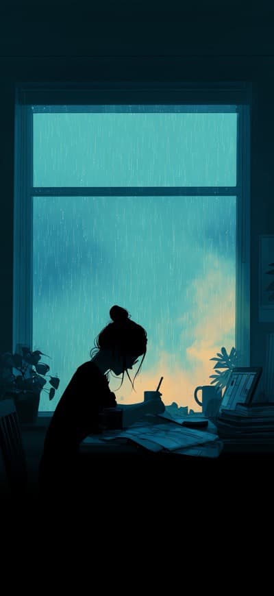 Silhoutte Of Girl Studying Focused Work