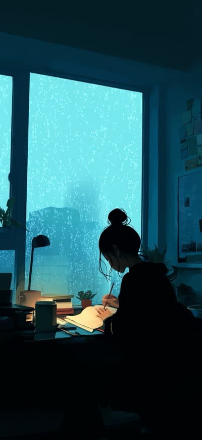 Silhoutte Of Girl Studying Focused Work