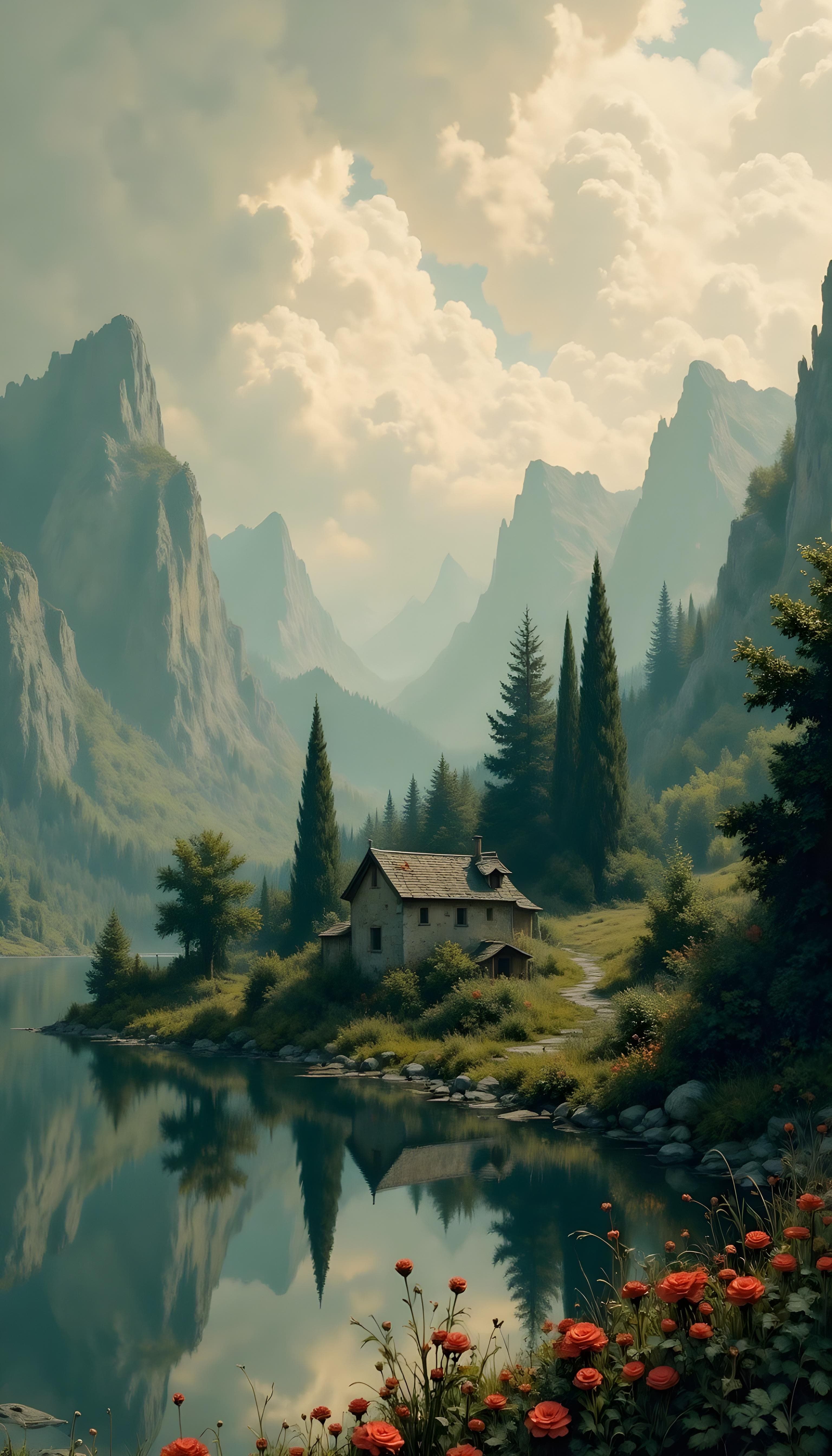 Dark Green Scenery With House